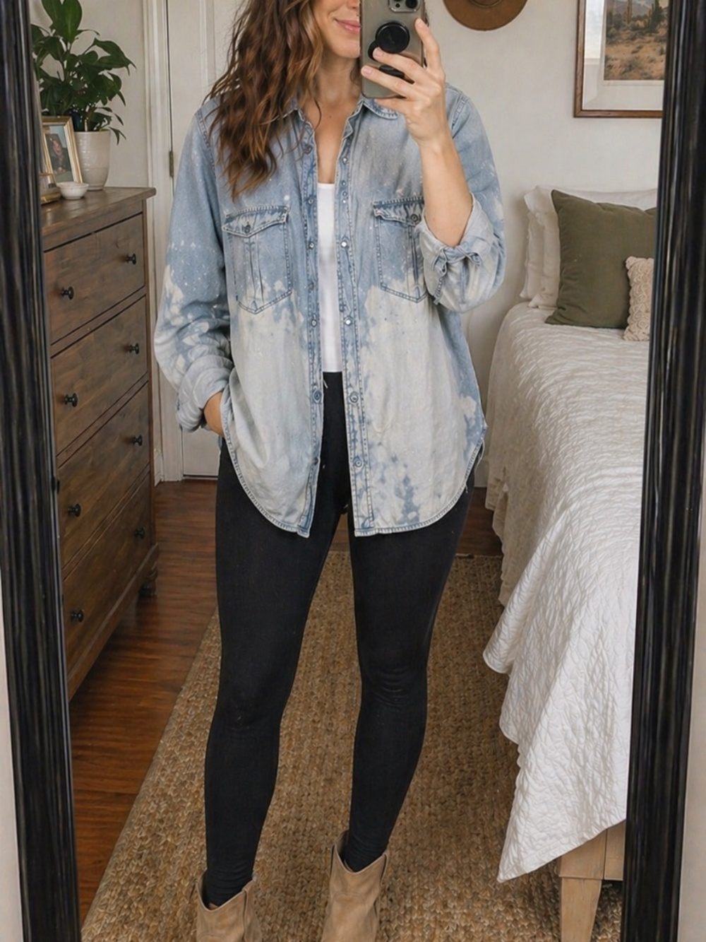 Route 66 Light Blue Bleach Wash Chambray Denim Button Down Shirt Large